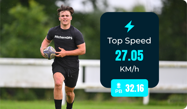 Rugby player wearing a GPS Vest recording their top speed